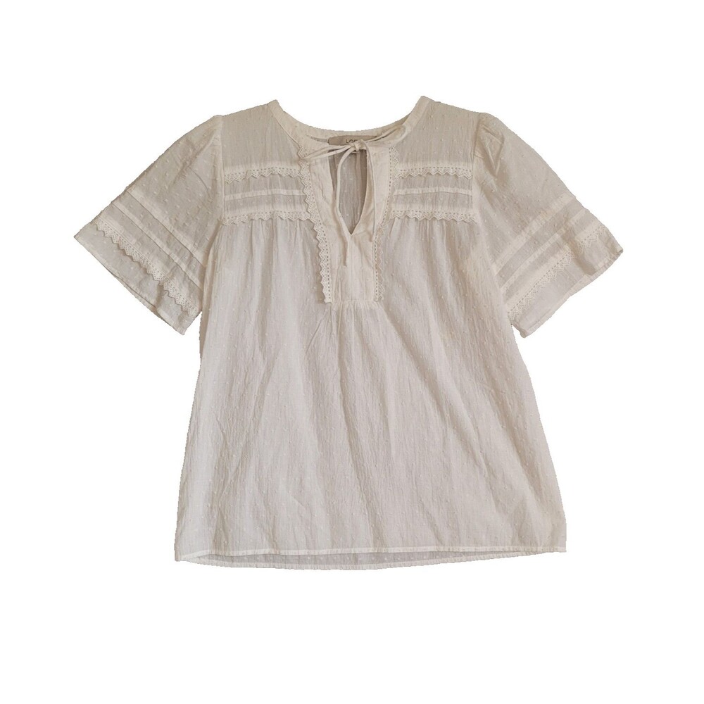 loft Blouse xs tie neck lace sheer dotted swiss tie neck Travel Casual Feminine